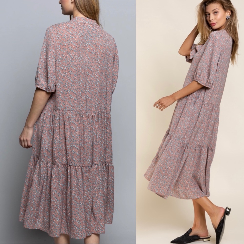 POL Ditsy Flower Red Bean MIDI Dress - Picture 3 of 8